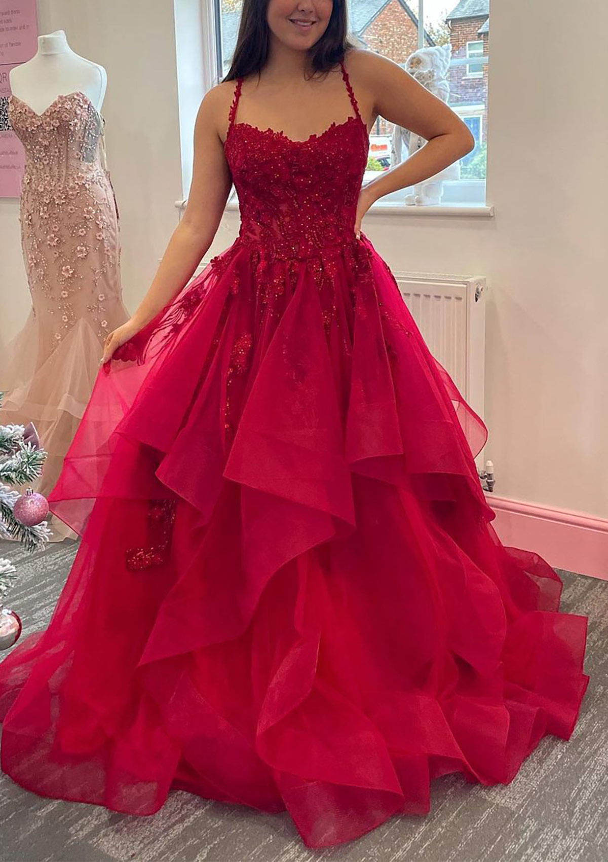 Burgundy Ball Gown V Neck Sleeveless Tulle Sweep Train Prom Dress With Appliqued Beading - STACEES