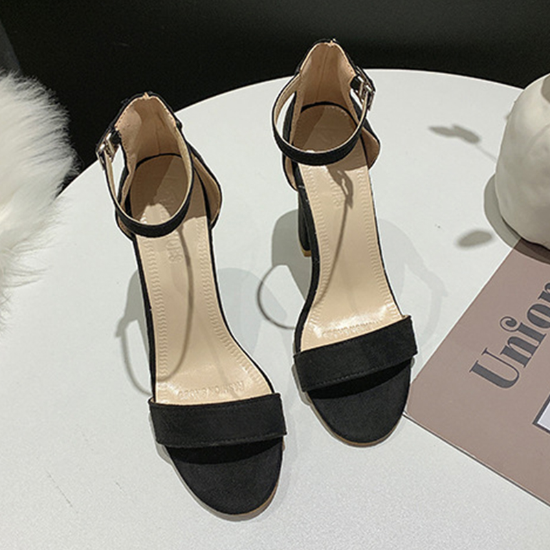 Black Suede Peep Toe Chunky Heel Party & Evening Shoes With Buckle Ankle Strap - STACEES