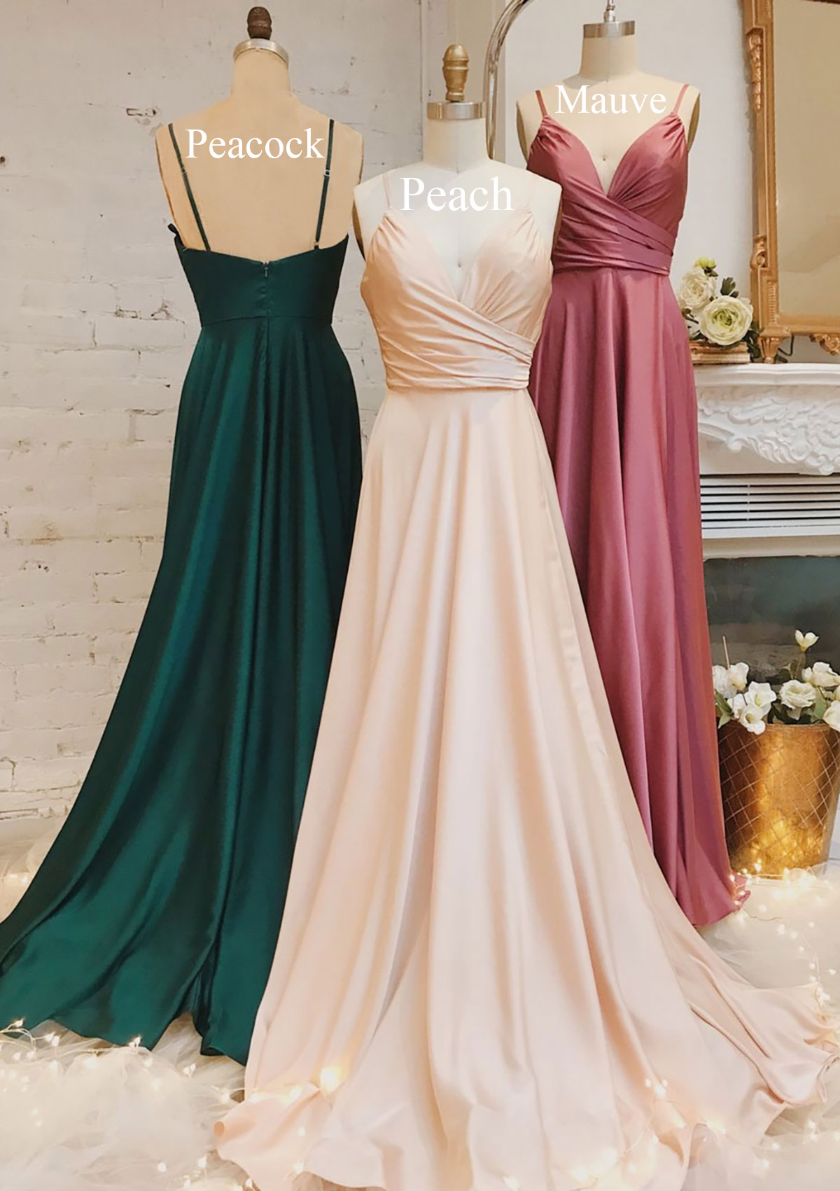 A-line V Neck Spaghetti Straps Sweep Train Satin Prom Dress With Pleated