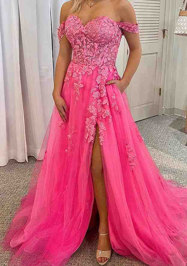 A-line Off-the-Shoulder Sleeveless Court Train Lace Tulle Prom Dress With Beading Pockets Split