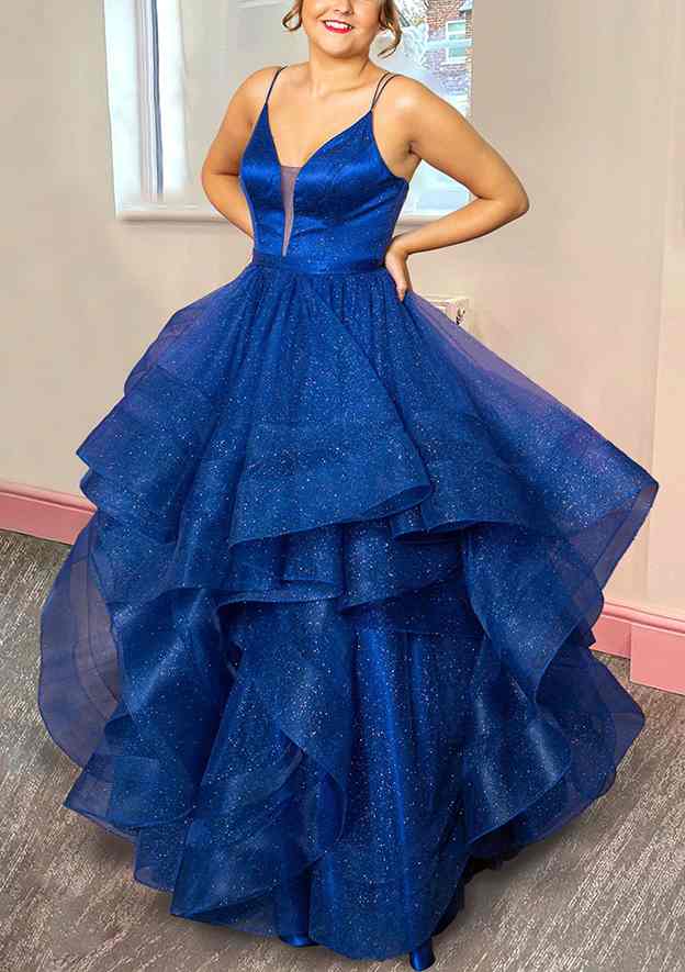 A-line V Neck Spaghetti Straps Long/Floor-Length Organza Prom Dress With Beading Ruffles Glitter