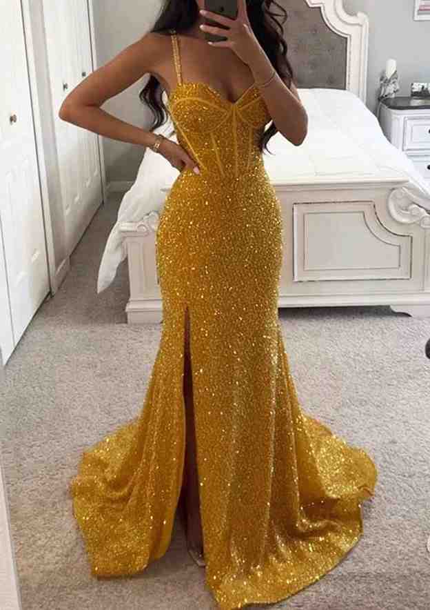 Sheath/Column V Neck Spaghetti Straps Long/Floor-Length Velvet Sequins Prom Dress With Split