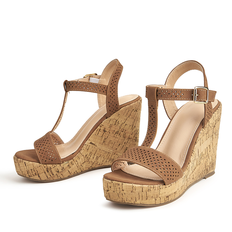 Brun Femmes pu talons peep toe sandales talon compensé chaussures d'extérieur avec sangle de cheville boucle - STACEES