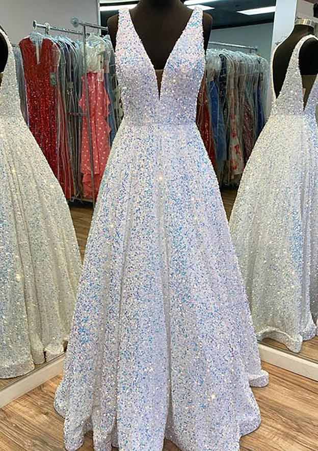 Princess A-line V Neck Sleeveless Velvet Sequins Long/Floor-Length Prom Dress With Pockets