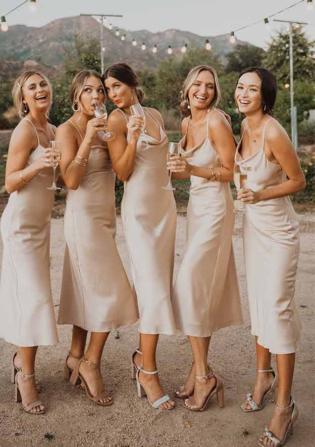 Sheath/Column Cowl Neck Sleeveless Tea-Length Satin Bridesmaid Dress