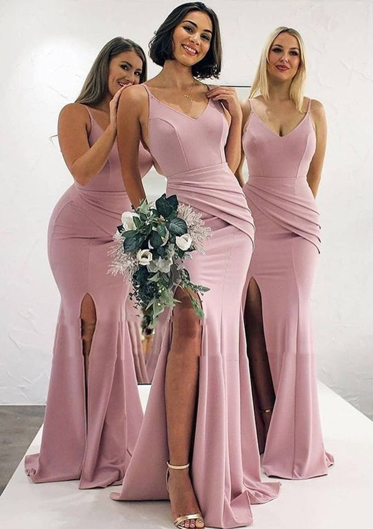 As Picture Trumpet/Mermaid V Neck Sleeveless Long/Floor-Length Stretch Crepe Bridesmaid Dress With Pleated Split - STACEES