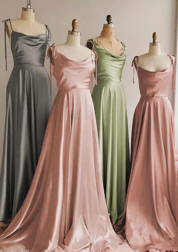 A-line Cowl Neck Spaghetti Straps Long/Floor-Length Charmeuse Bridesmaid Dress With Split