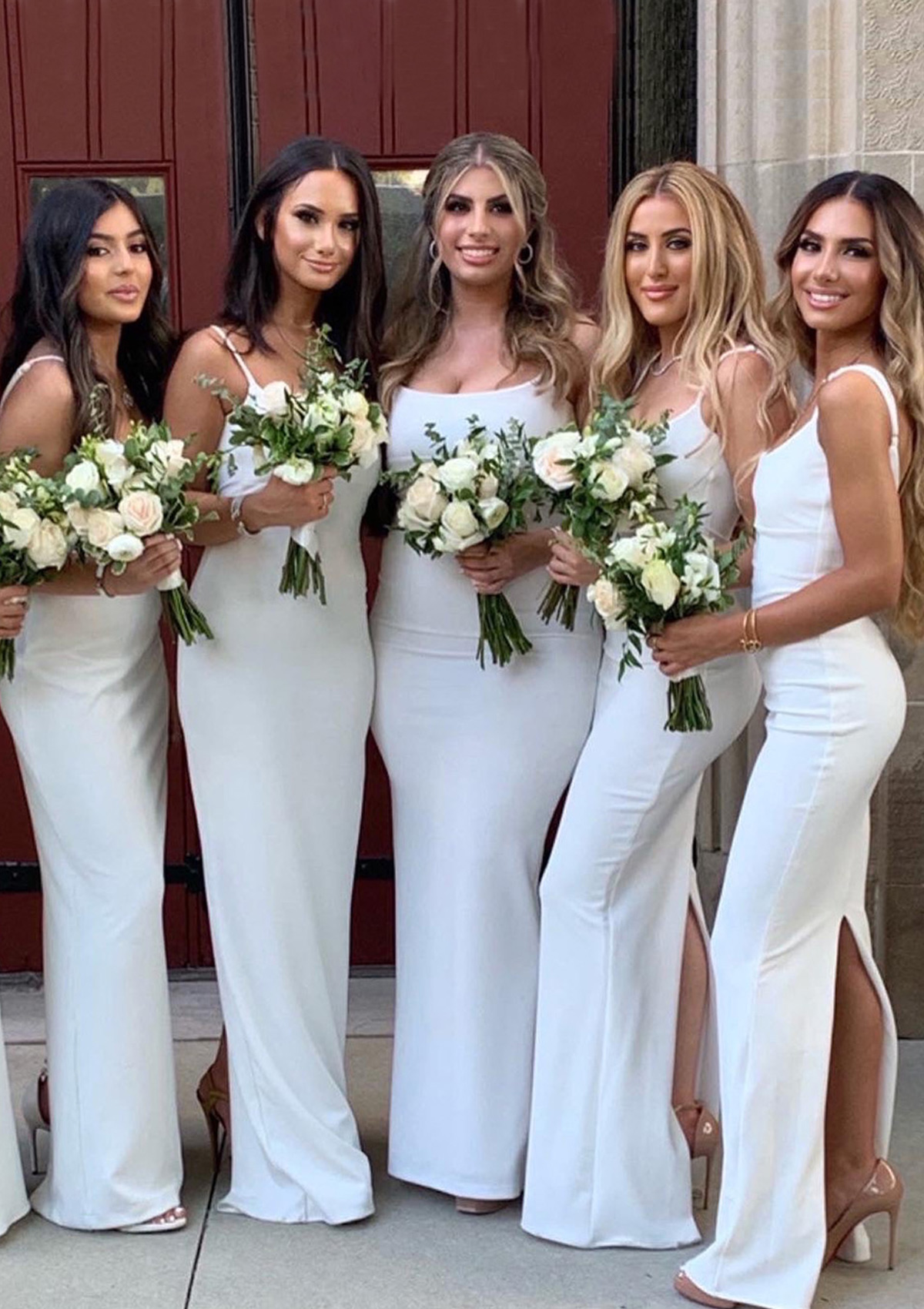 white bridesmaid dress Asymmetrical One Shoulder Satin BD097 Pgmdress Sweetheart Embellishment Sheath/Column Square Neckline Spaghetti Straps