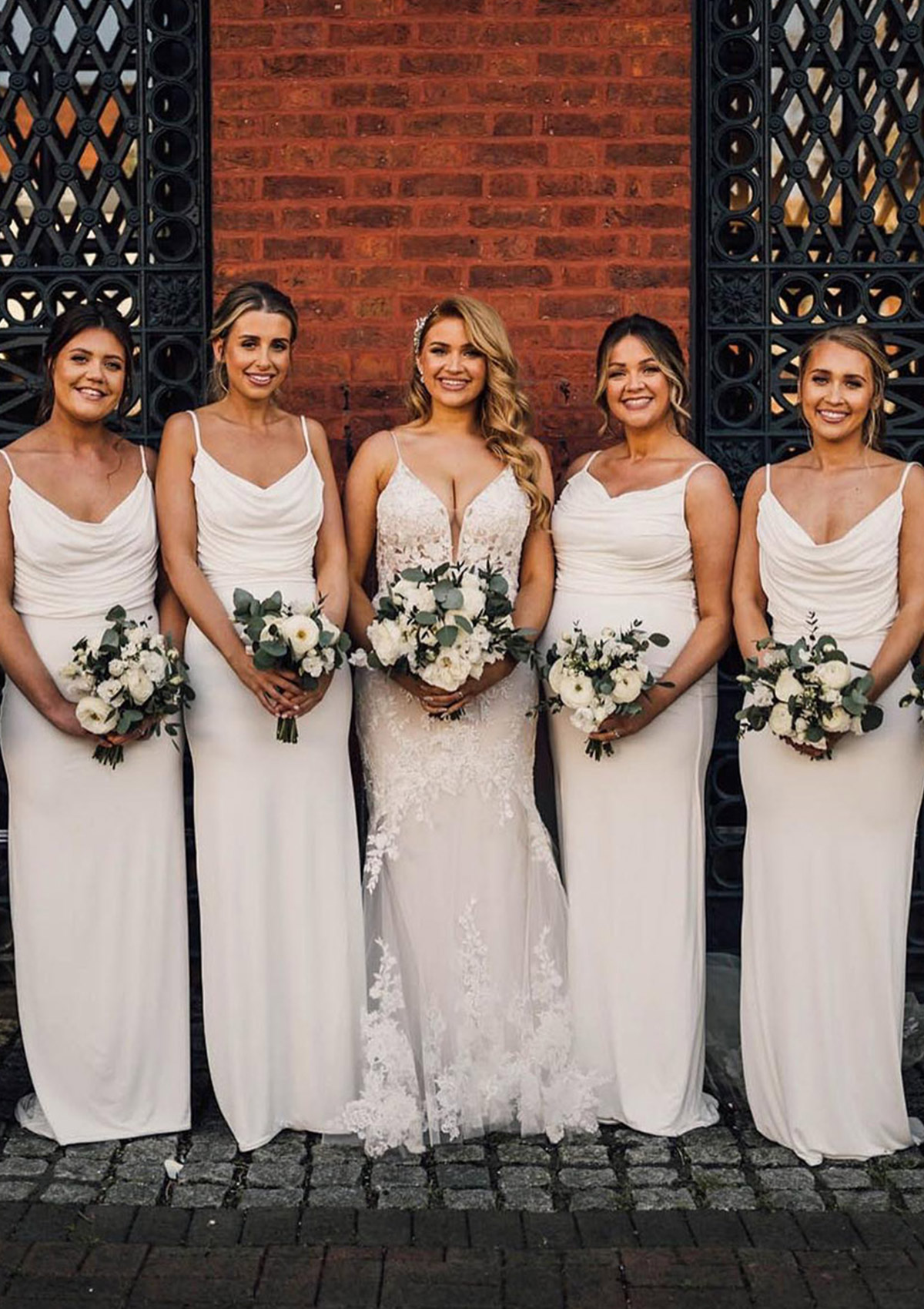 Ivory Sheath/Column Cowl Neck Spaghetti Straps Long/Floor-Length Jersey Bridesmaid Dress With Pleated - STACEES