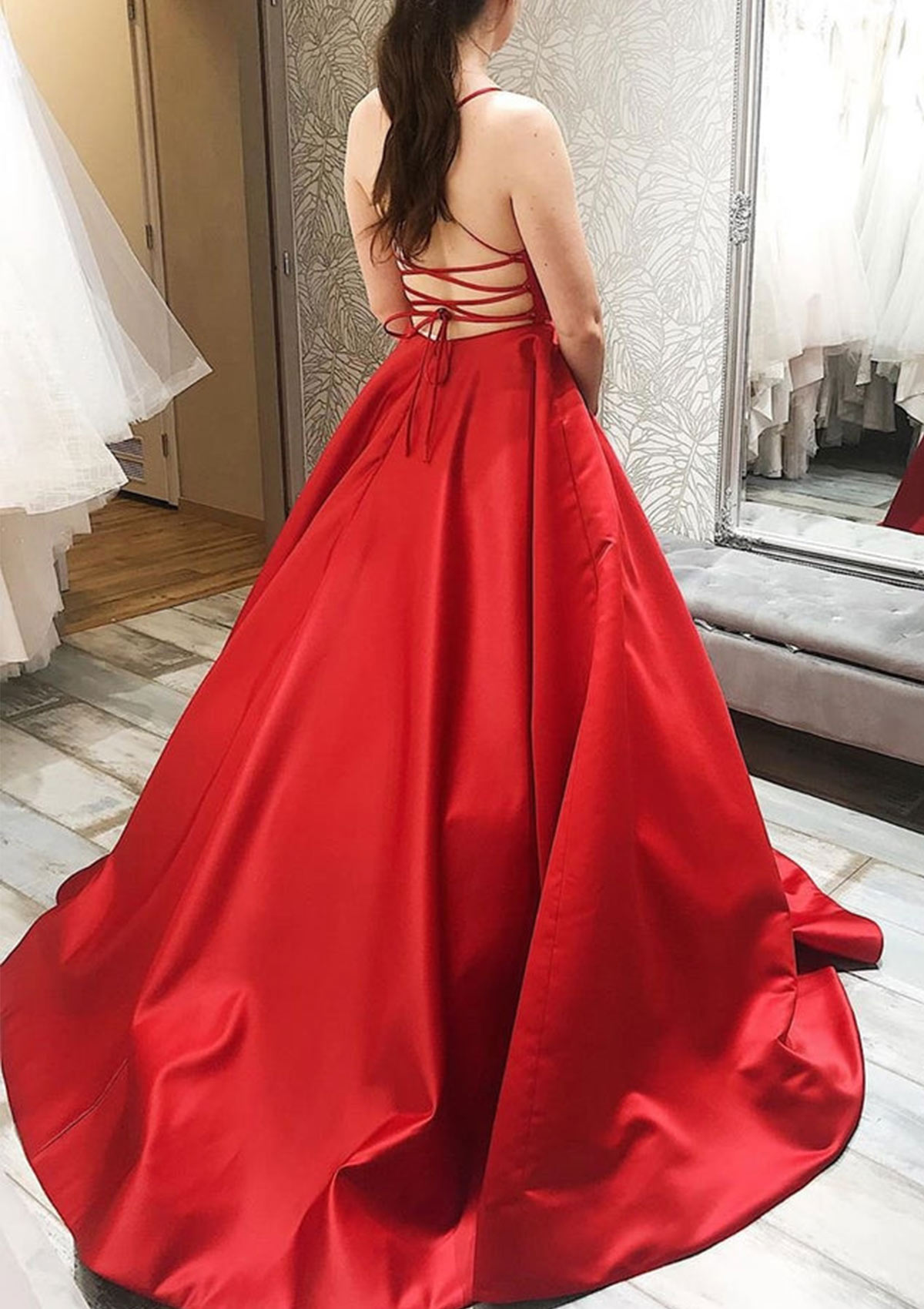 spaghetti strap square neck formal prom sheath dress Ball Gown A-line Neckline Straps Sweep Train Satin With Pleated Pockets Blue Prom Dresses