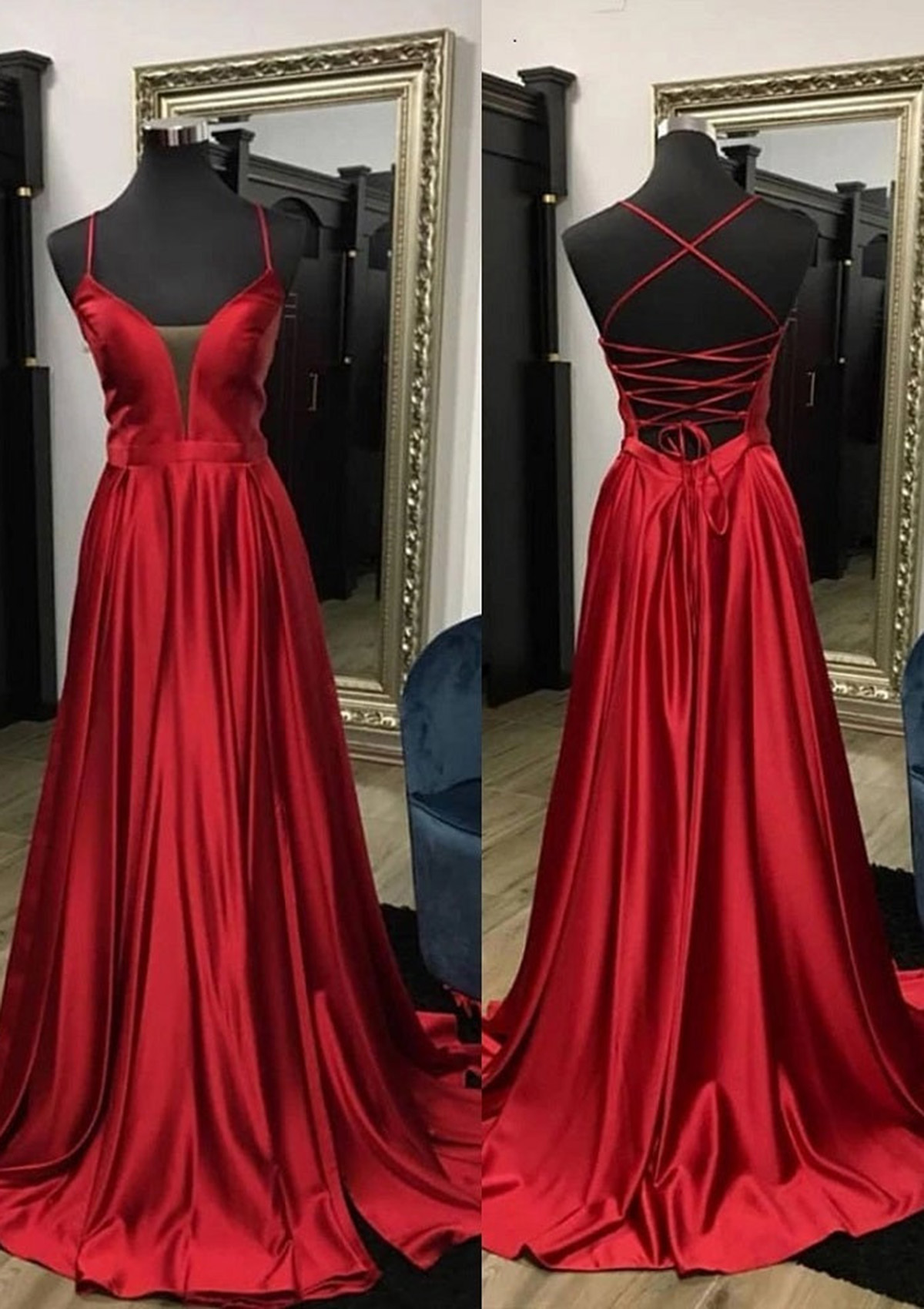 Red A-line V Neck Spaghetti Straps Sweep Train Charmeuse Prom Dress With Split - STACEES