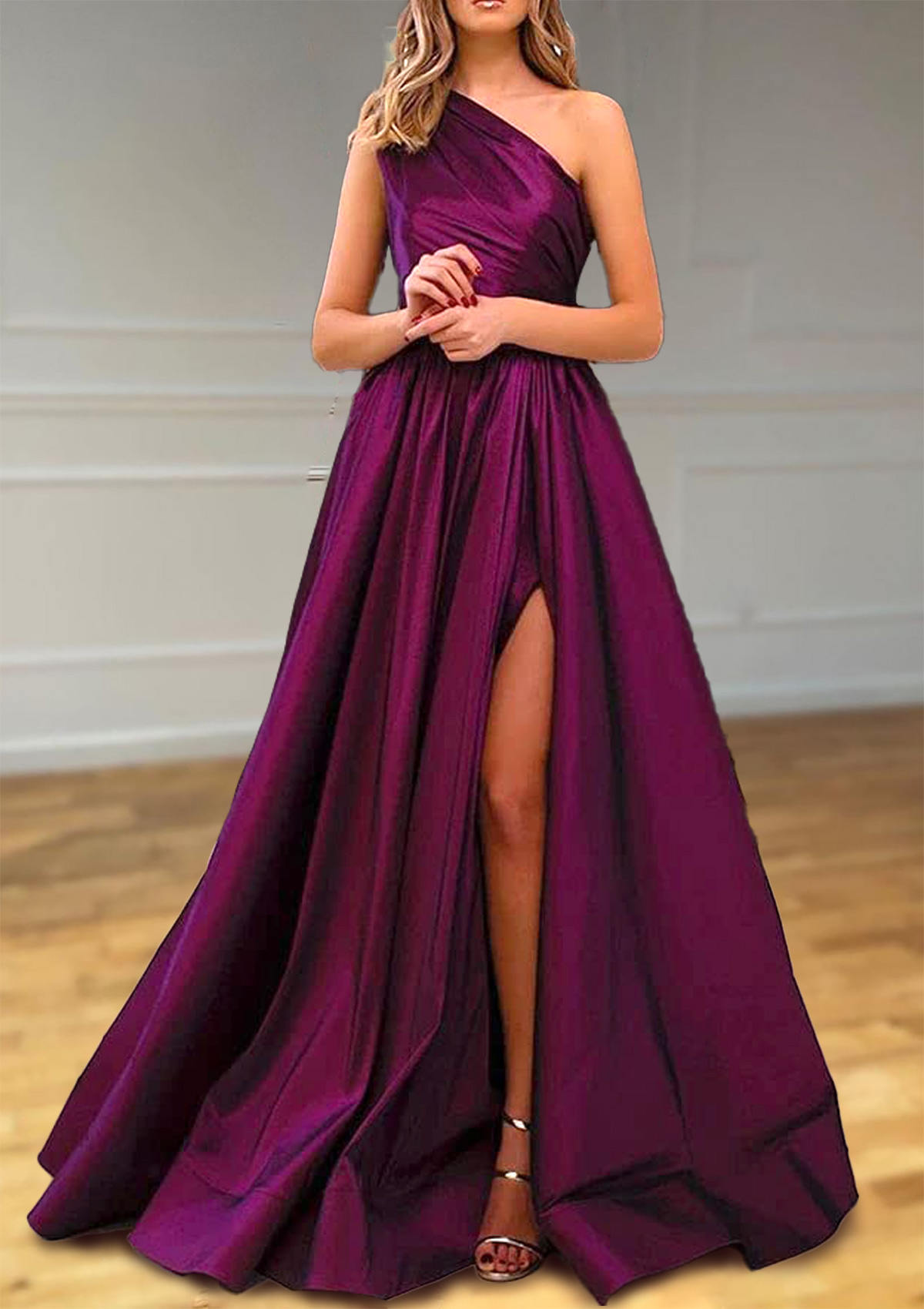 one shoulder satin long dress Stacees A-line One-Shoulder Satin Slit Prom Dress With Pleated Split