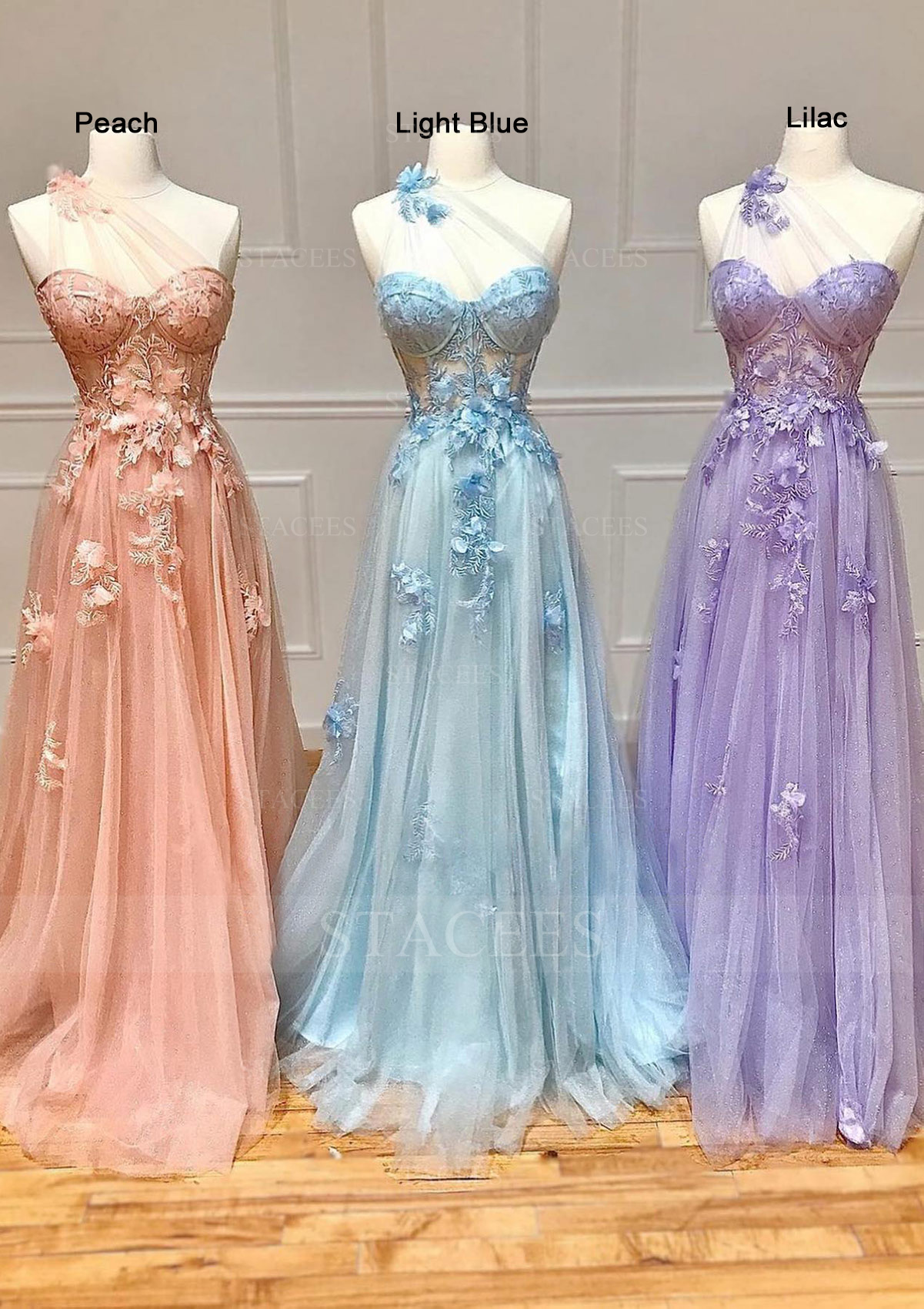 A-line One-Shoulder Sleeveless Long/Floor-Length Tulle Prom Dress with Appliqued Split