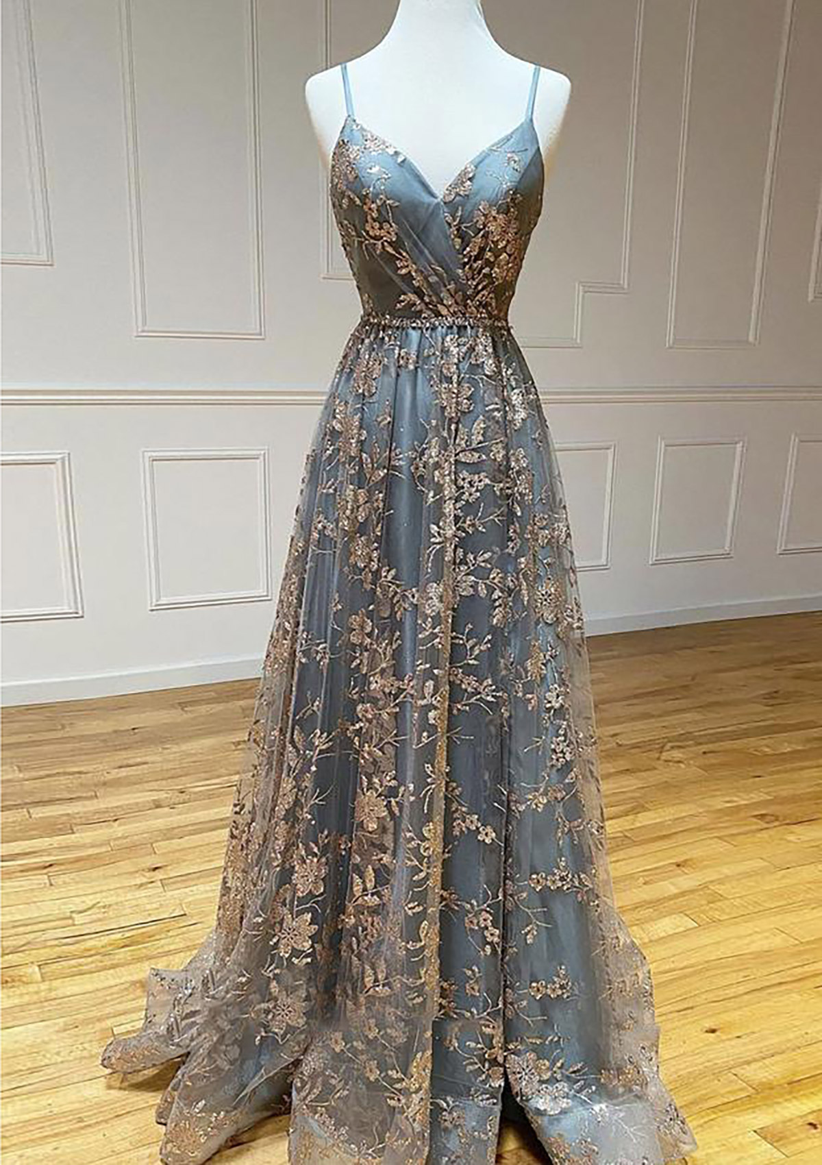 As Picture A-line V Neck Sleeveless Sweep Train Tulle Satin Prom Dress With Appliqued Split