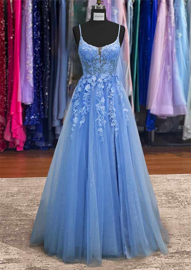 A-line Bateau Sleeveless Tulle Long/Floor-Length Prom Dress with Appliqued