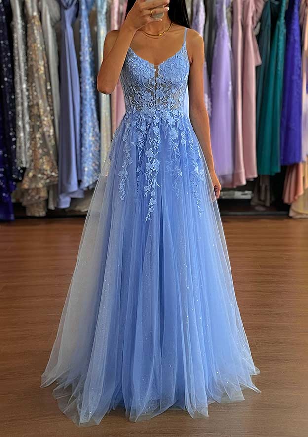 A-line V Neck Long/Floor-Length Tulle Sparkling Prom Dress with Split Glitter