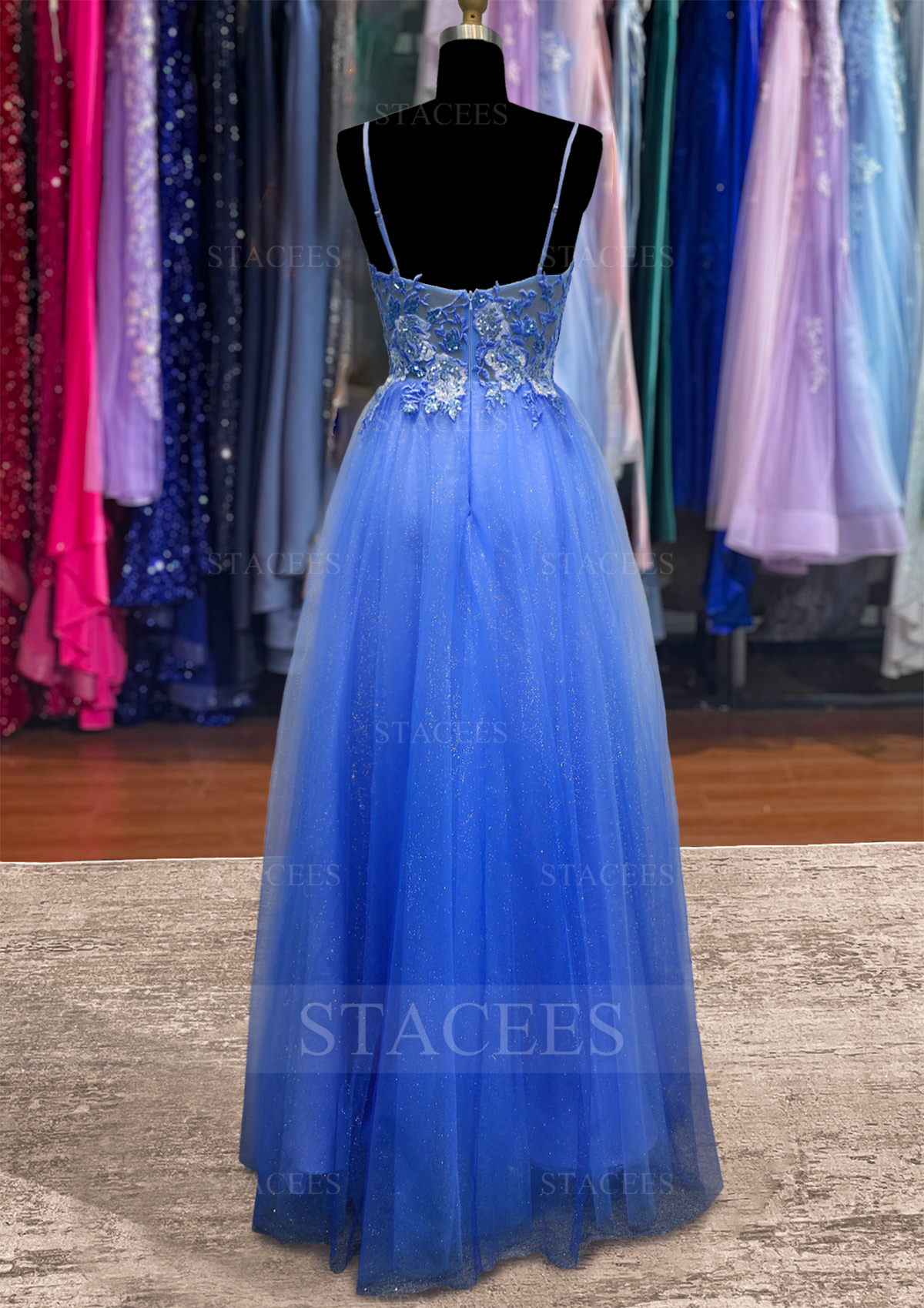 glitter ombre prom dress A-line V Neck Sleeveless Long/Floor-Length Tulle with Appliqued Beading Evening dress