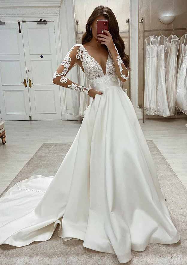 white lace and satin dress White Satin Formal Dress for Brides and Prom Teens Off White / 4