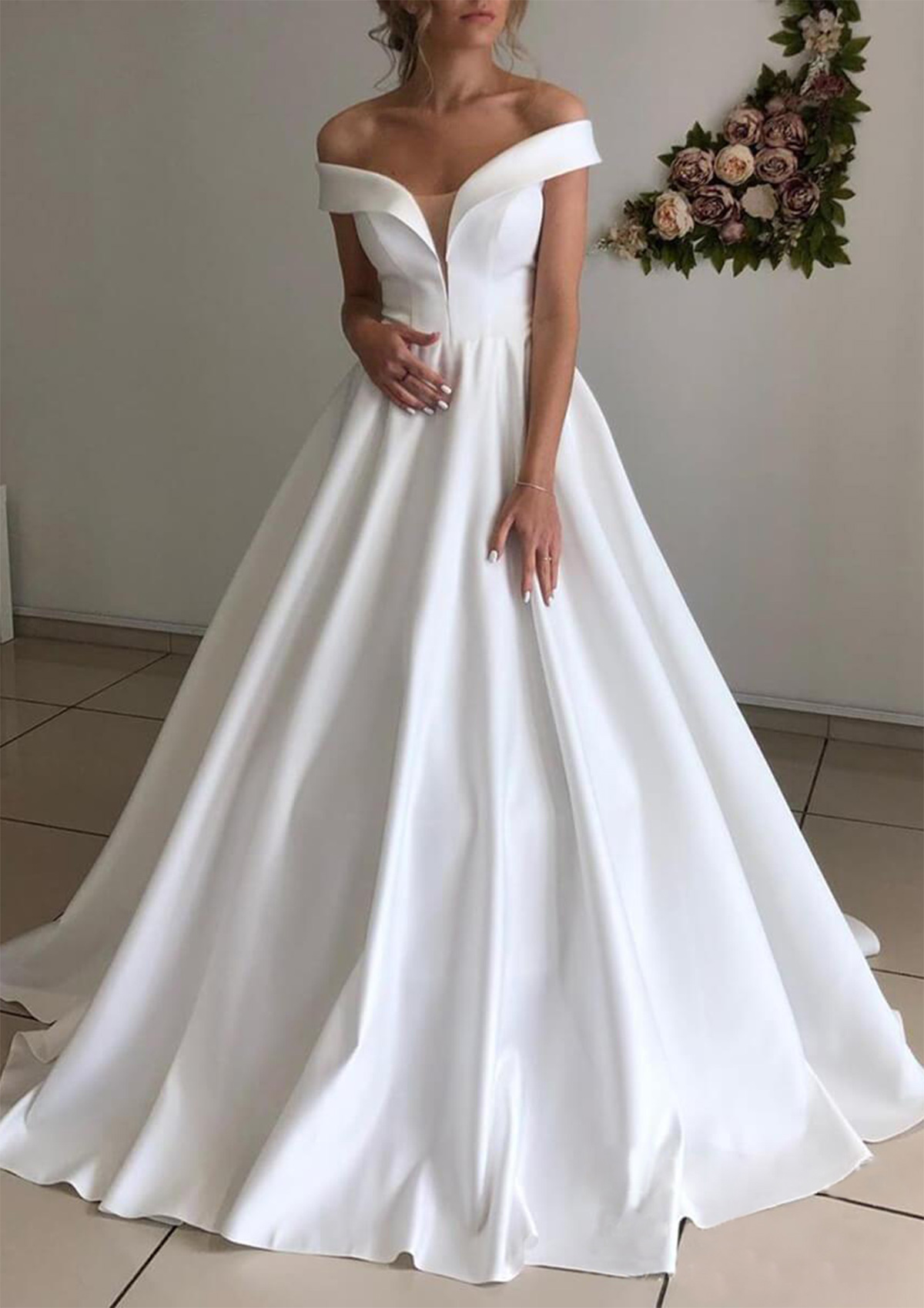 satin princess wedding dresses A-line Princess Off-the-Shoulder Sweep Train Satin Wedding Dress - Wedding  Dresses