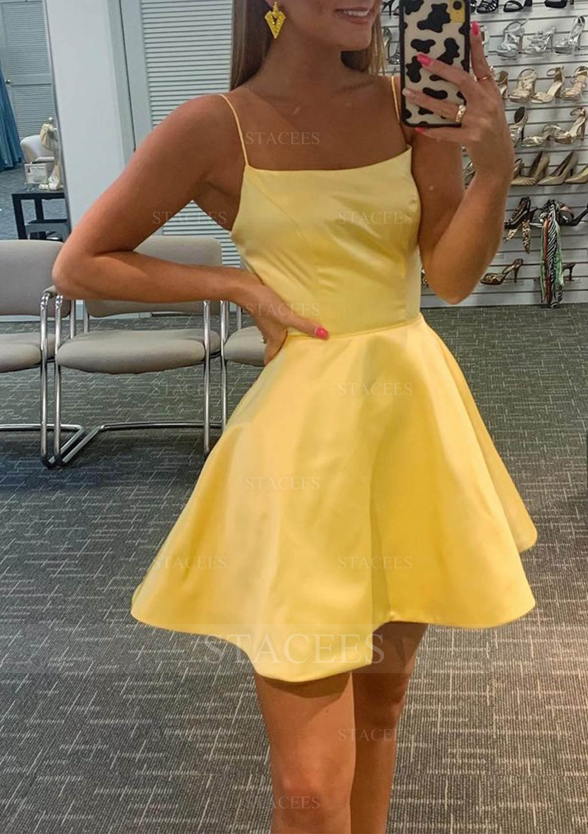 Daffodil A-line Square Neckline Sleeveless Short/Mini Charmeuse Homecoming Dress  - STACEES