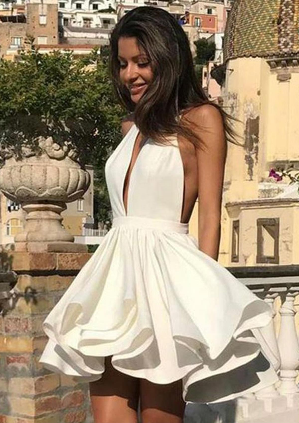 A-line Princess Halter Sleeveless Short/Mini Elastic Satin Stretch Crepe Homecoming Dress
