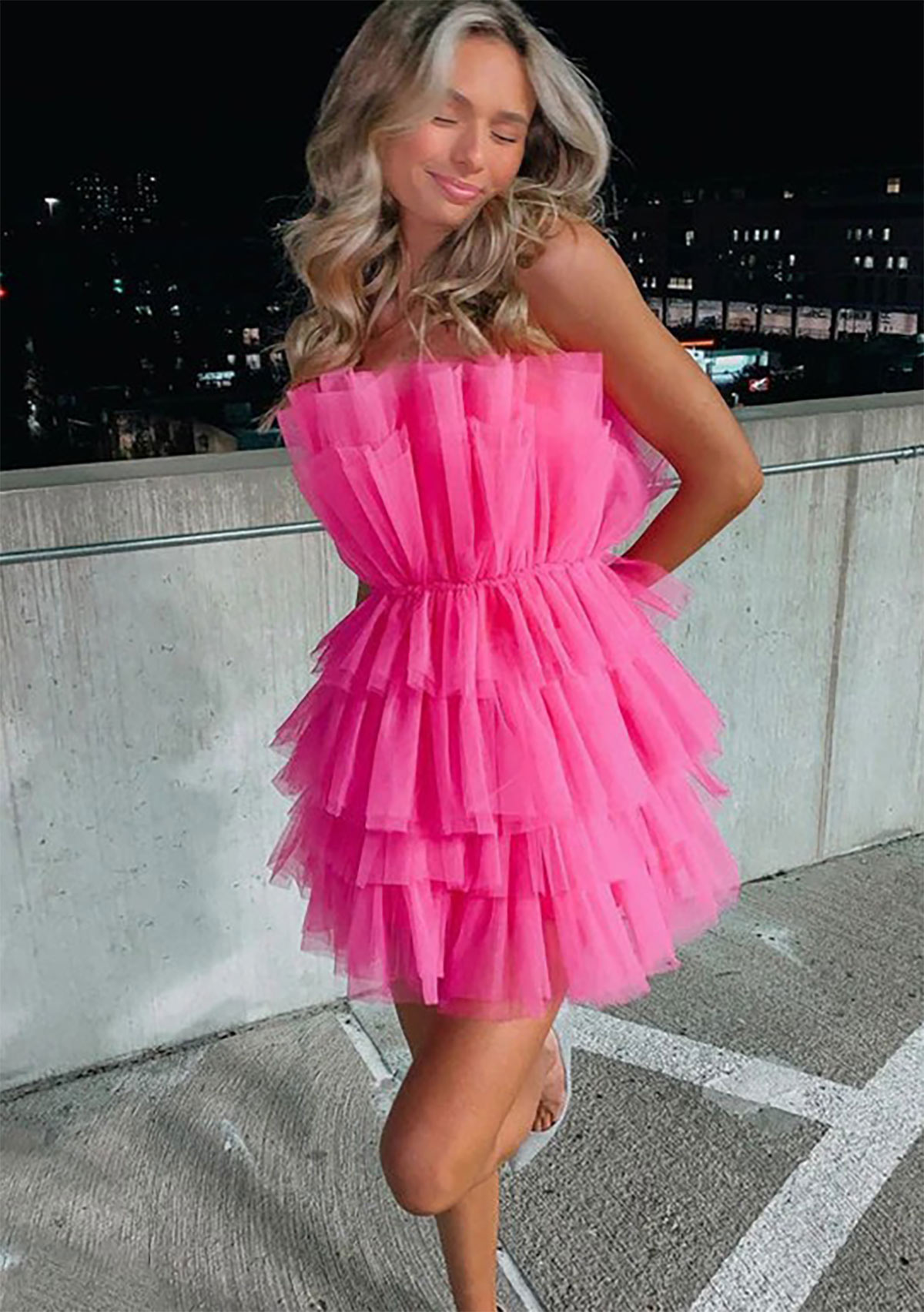 Fuchsia A-line Sleeveless Short/Mini Tulle Homecoming Dress with Ruffles  - STACEES