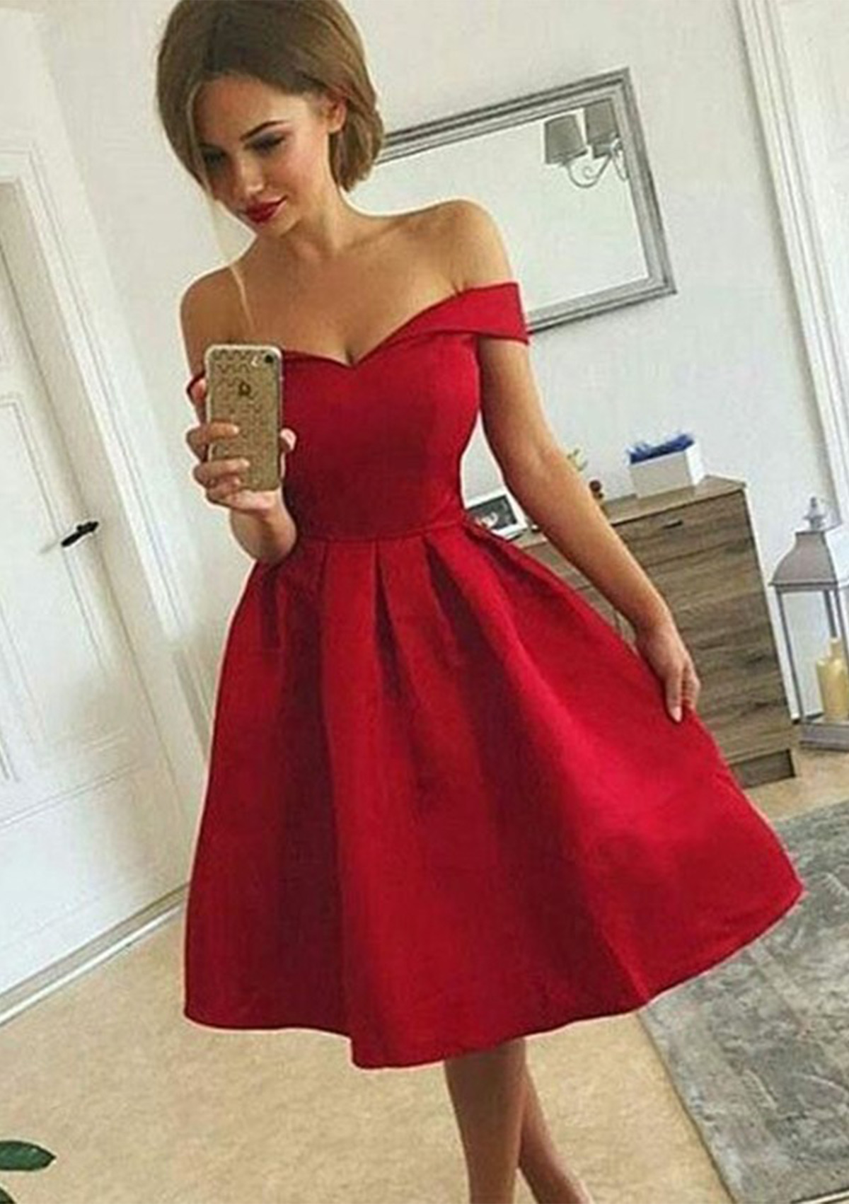 A-line Off-the-Shoulder Short Sleeve Knee-Length Satin Homecoming Dress