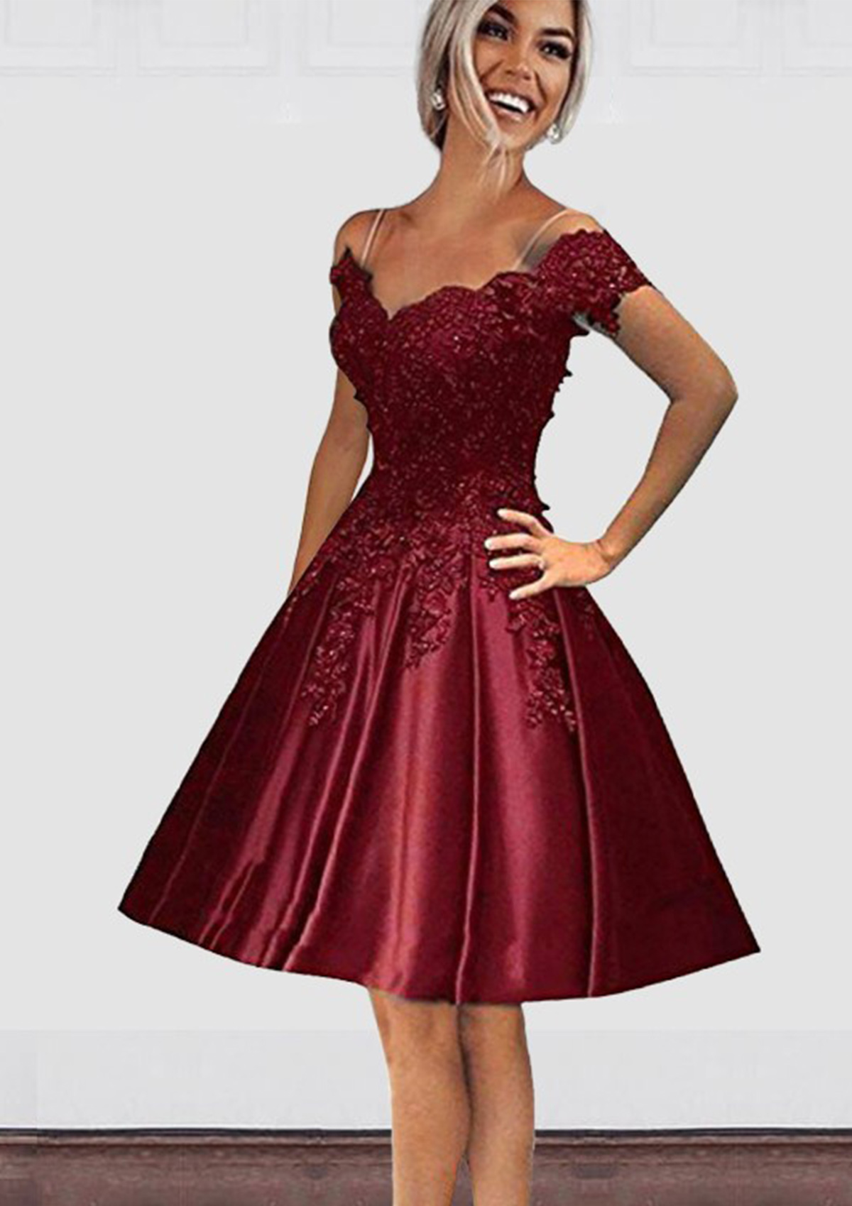 Burgundy A-line Off-the-Shoulder Short Sleeve Knee-Length Satin Homecoming Dress with Appliqued Beading - STACEES