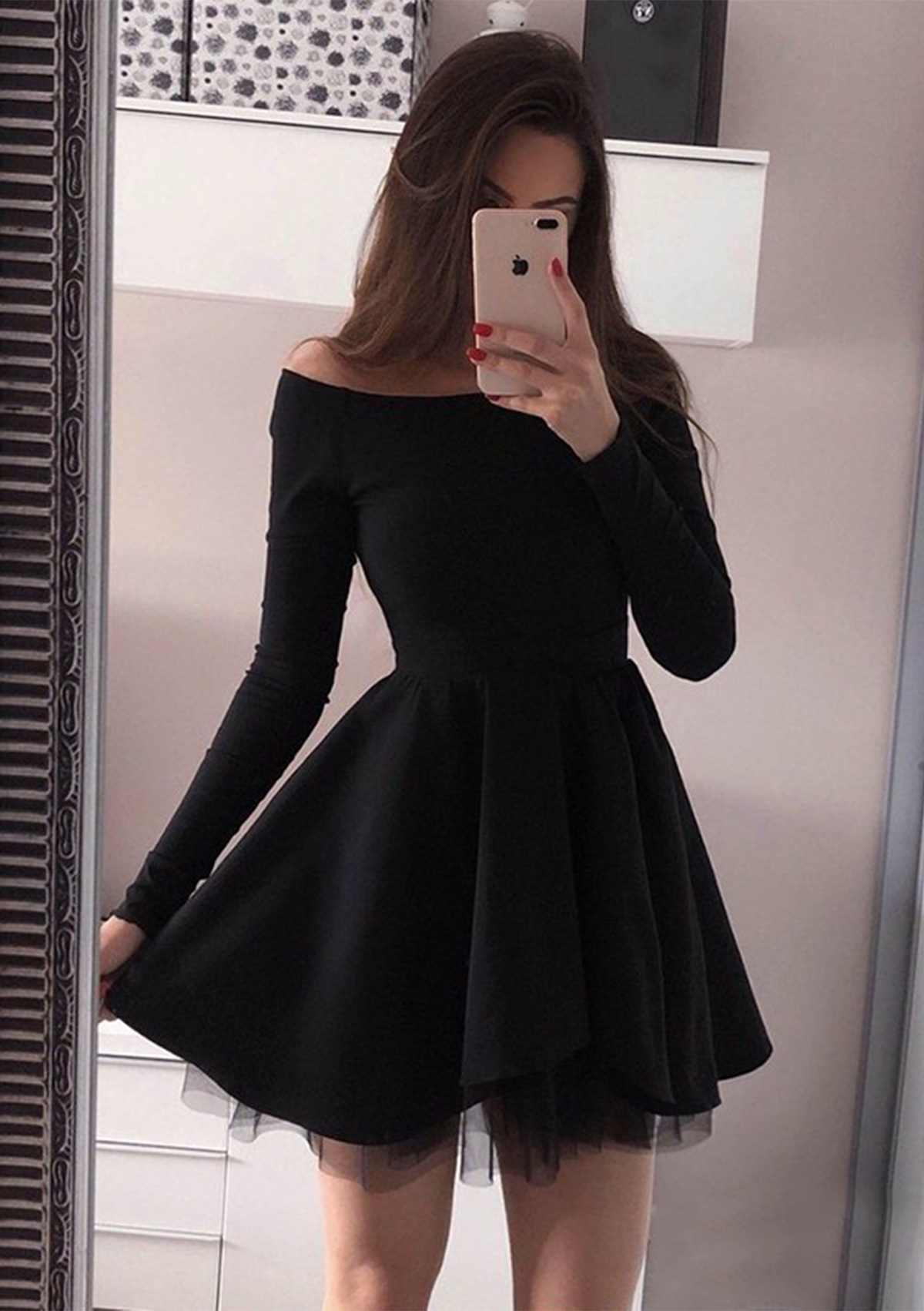 A-line Off-the-Shoulder Full/Long Sleeve Short/Mini Elastic Satin Homecoming Dress