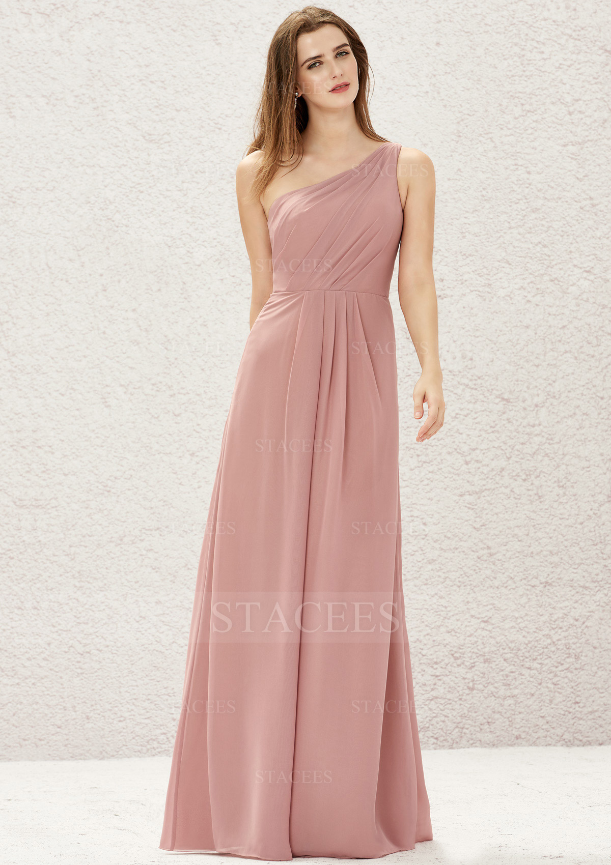 A-line One-Shoulder Sleeveless Long/Floor-Length Chiffon Bridesmaid Dress With Pleated