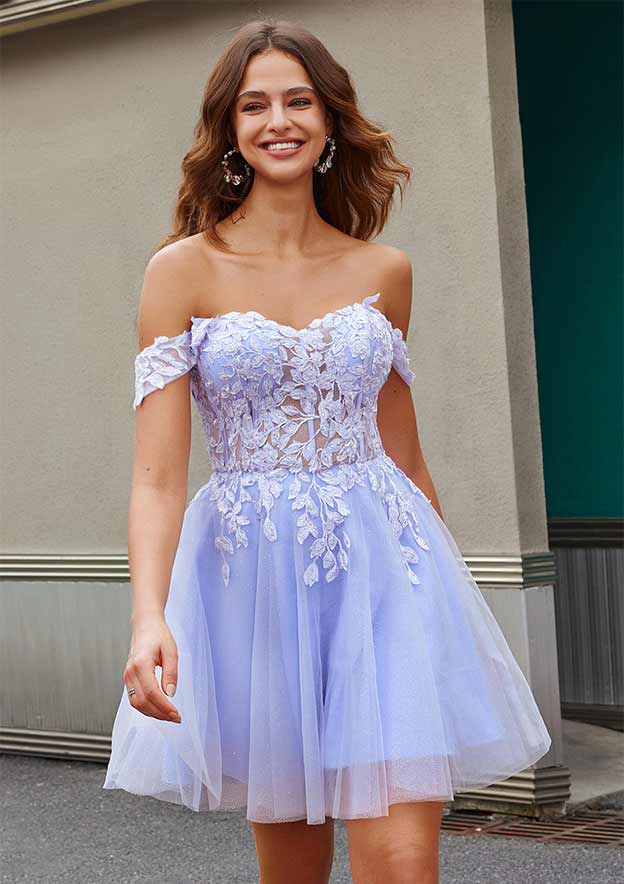A-line Off-the-Shoulder Sleeveless Short/Mini Tulle Homecoming Dress with Appliqued Glitter
