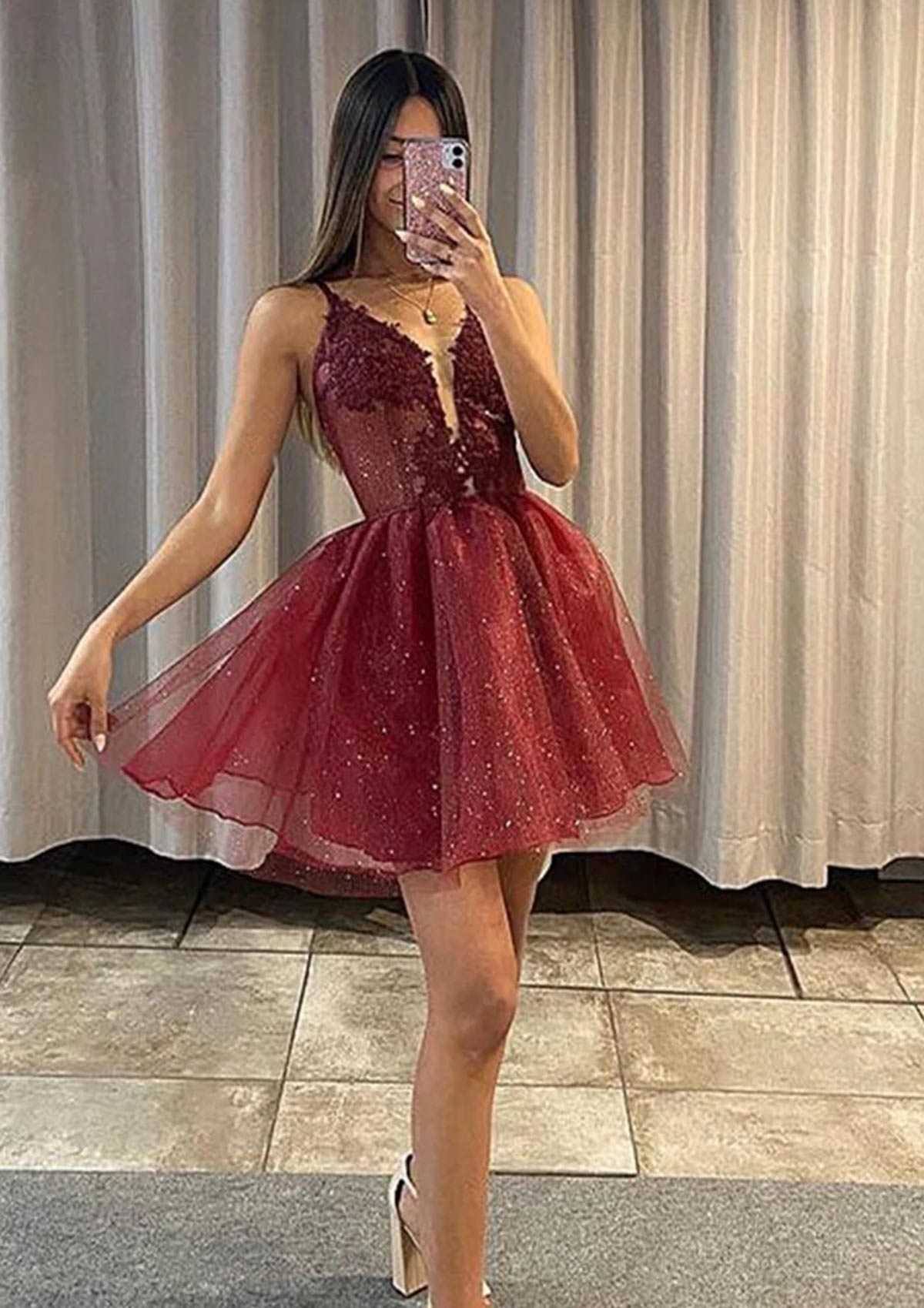 Burgundy Glittering A-line Appliqued Mini Tulle Homecoming Dress with Sequins - STACEES