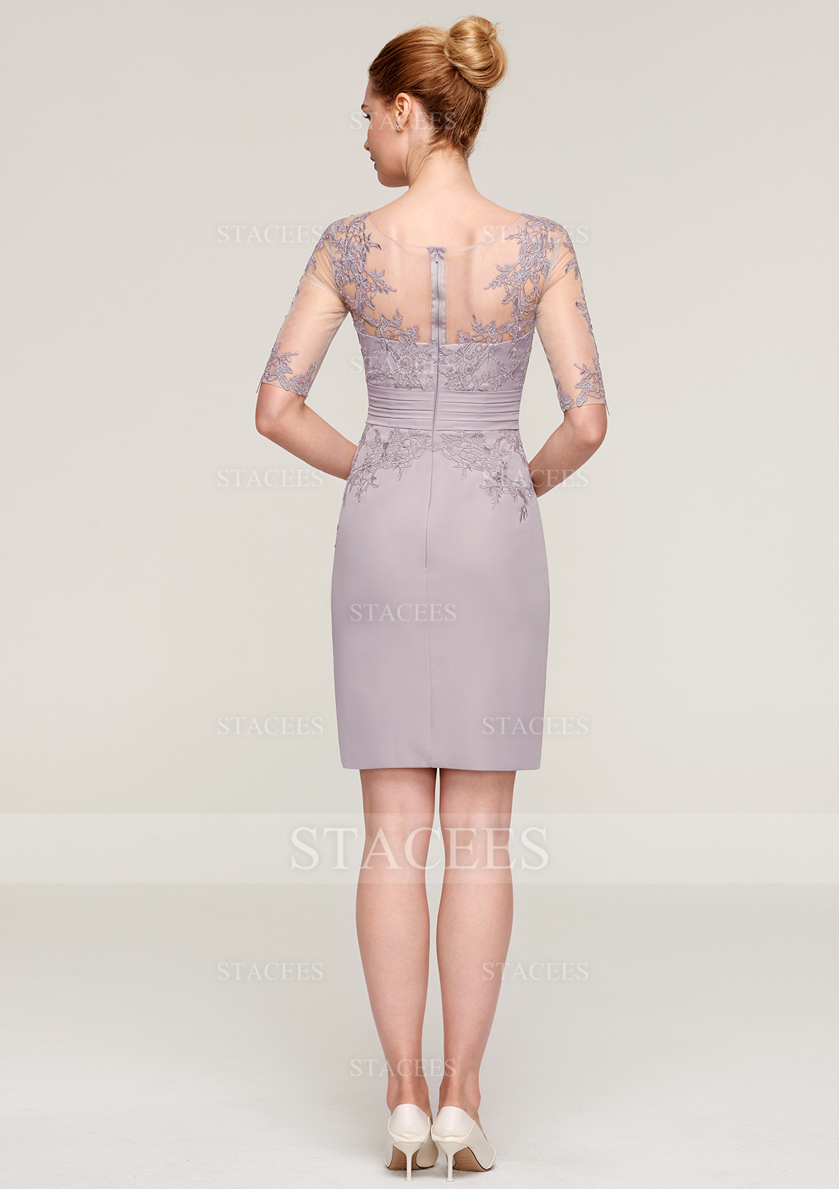 Stacees Mother of the Bride or Groom Dresses Bateau Half Sleeve Knee-Length Elastic Satin Jacket Appliqued Beading Pleated