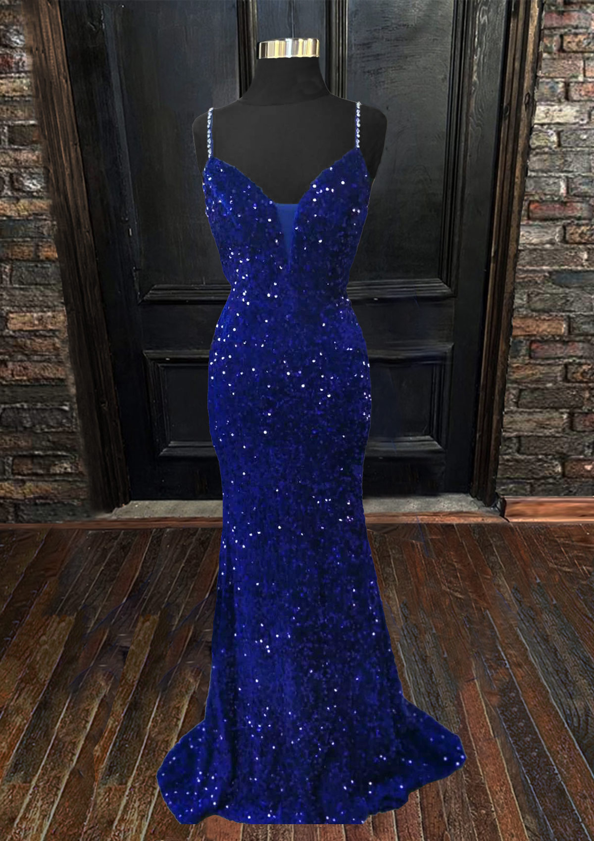 Royal Blue Trumpet/Mermaid V Neck Sleeveless Sweep Train Velvet Sequins Prom Dress  - STACEES