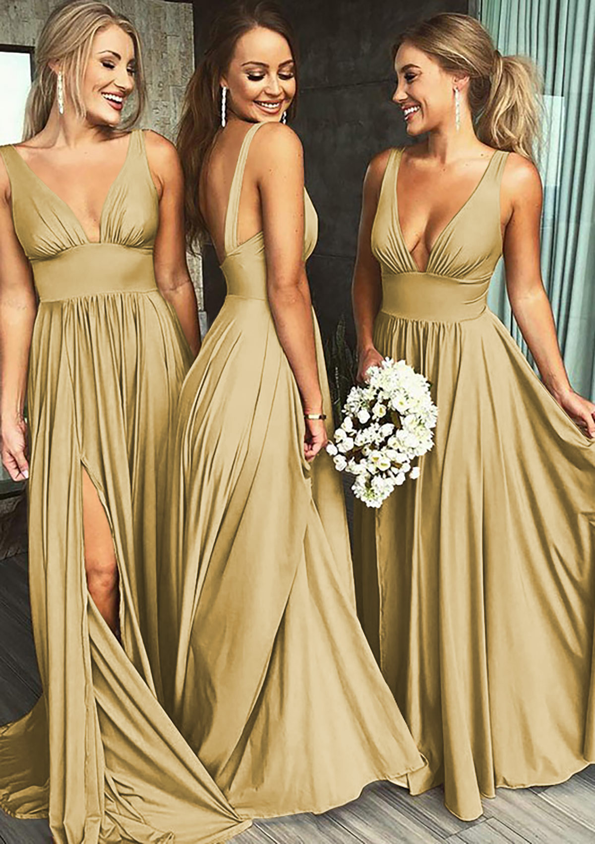 Gold Jersey Bridesmaid Dress A-Line/Princess V-Neck Sweep Train With Split Front Pleated Waistband  - STACEES