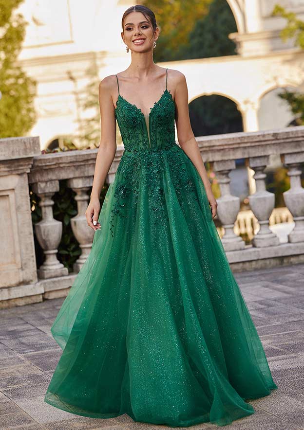 A-line Princess V Neck Floor-Length Tulle Prom Dress with Appliqued Sequins Glitter