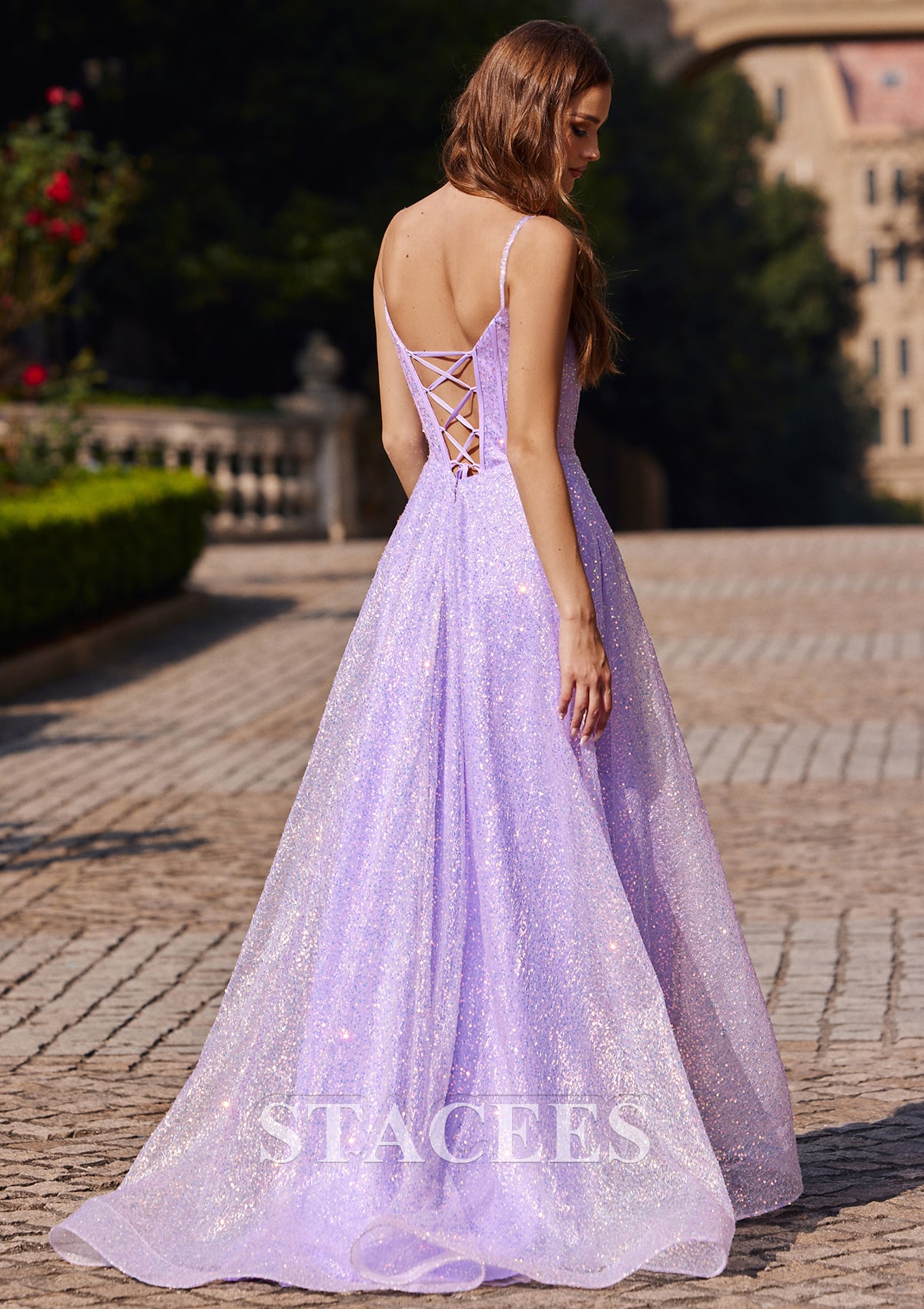Lilac A-line Princess V Neck Sweep Train Sequined Prom Dress - STACEES