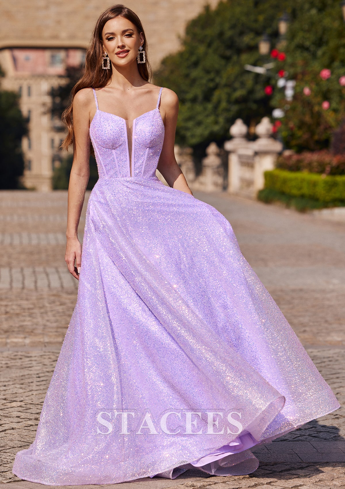Lilac A-line Princess V Neck Sweep Train Sequined Prom Dress - STACEES