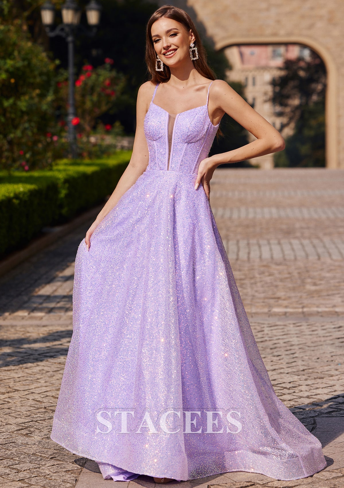 Lilac A-line Princess V Neck Sweep Train Sequined Prom Dress - STACEES