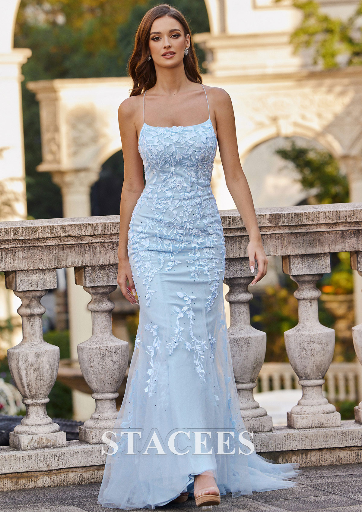 mermaid tulle prom dress Stacees 2026 Lace Applique Tight Mermaid Dusty Blue Prom Dress with Open Back