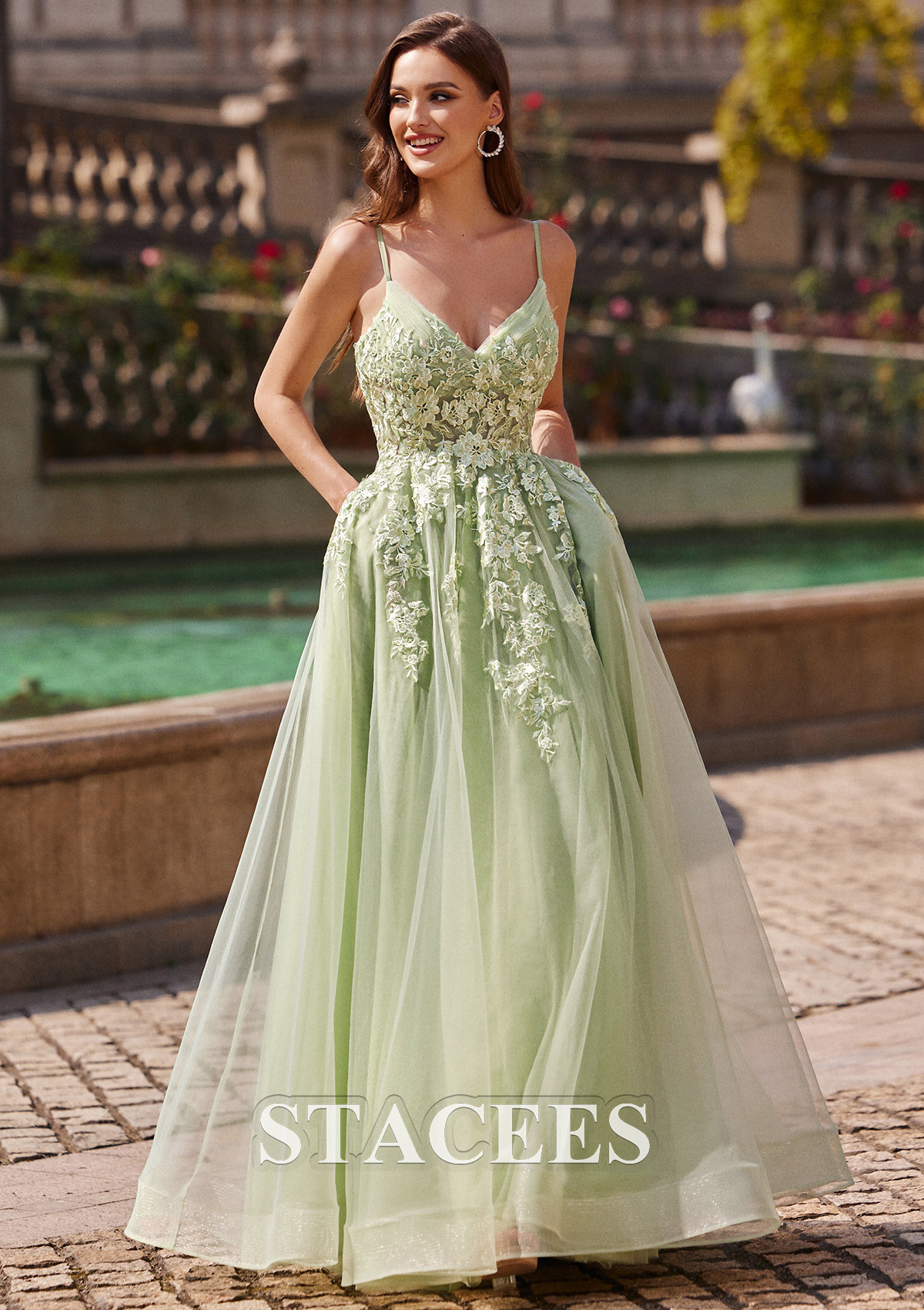 Sage A-line V Neck Sleeveless Floor-Length Tulle Prom Dress with Appliqued - STACEES