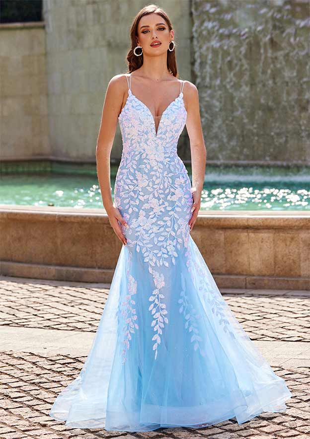 Trumpet/Mermaid V Neck Sleeveless Floor-Length Tulle Prom Dress with Sequins Glitter
