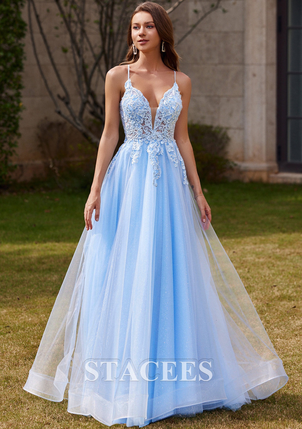 light blue beading tulle prom dress Light Blue Prom Dresses With Pearls Beaded Rhinestones Tulle Ruffles Two Piece Prom Dress