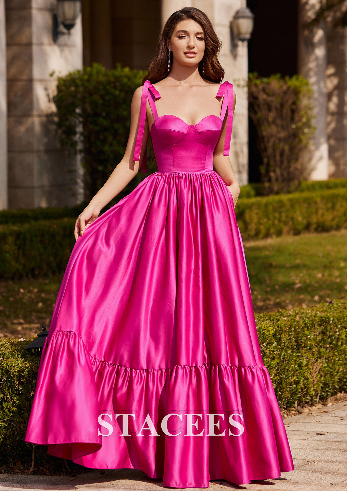 Fuchsia A-line Sweetheart Floor-Length Satin Prom Dress with Pleated Ruffles - STACEES