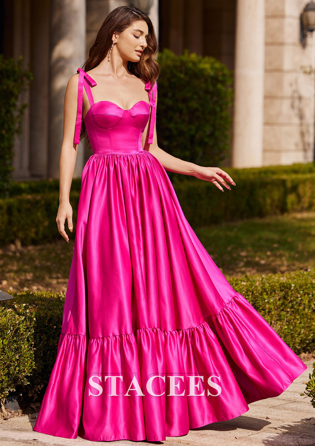 Fuchsia A-line Sweetheart Floor-Length Satin Prom Dress with Pleated Ruffles - STACEES