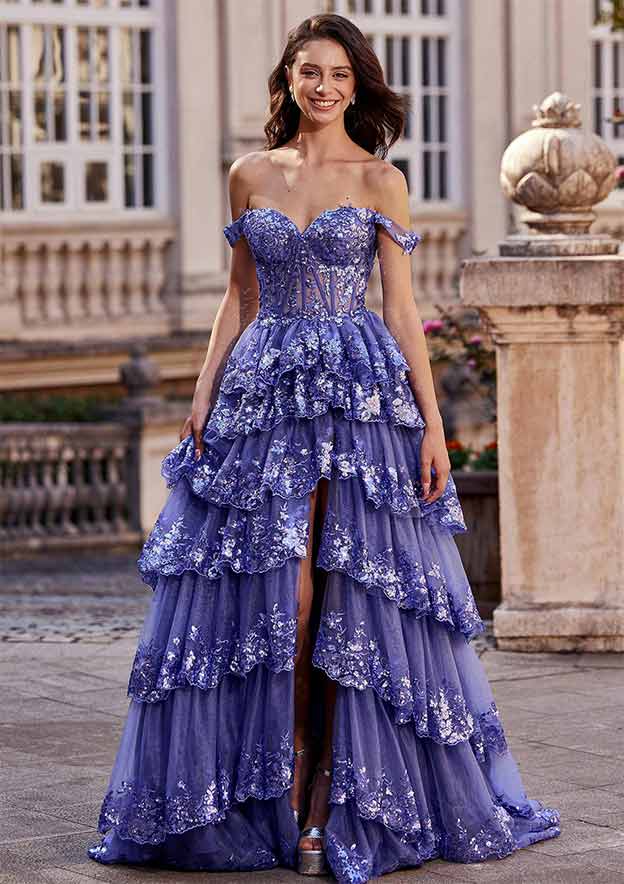 A-line Off-the-Shoulder Sweep Train Tulle Prom Dress with Ruffles Sequins Split