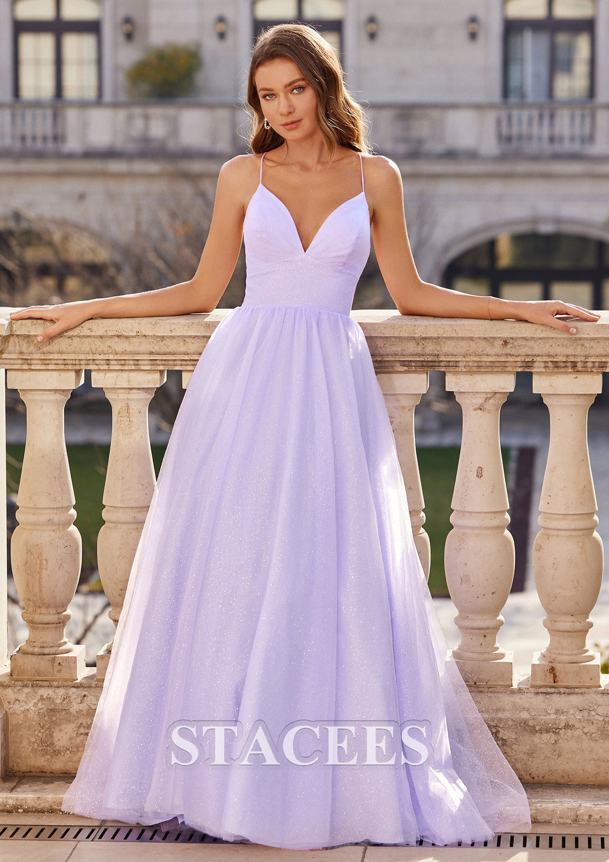 Lavender A-line V Neck Sweep Train Tulle Prom Dress with Pockets Glitter - STACEES