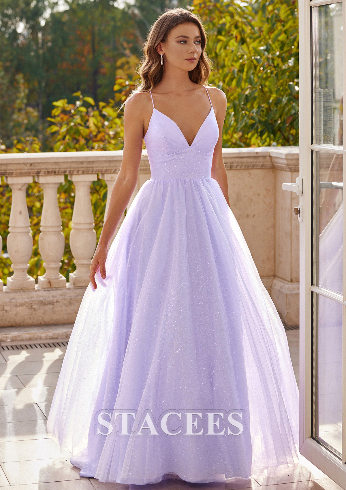 Lavender A-line V Neck Sweep Train Tulle Prom Dress with Pockets Glitter - STACEES