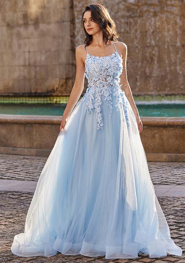 A-line Princess Square Neckline Sweep Train Tulle Prom Dress with Appliqued Flowers