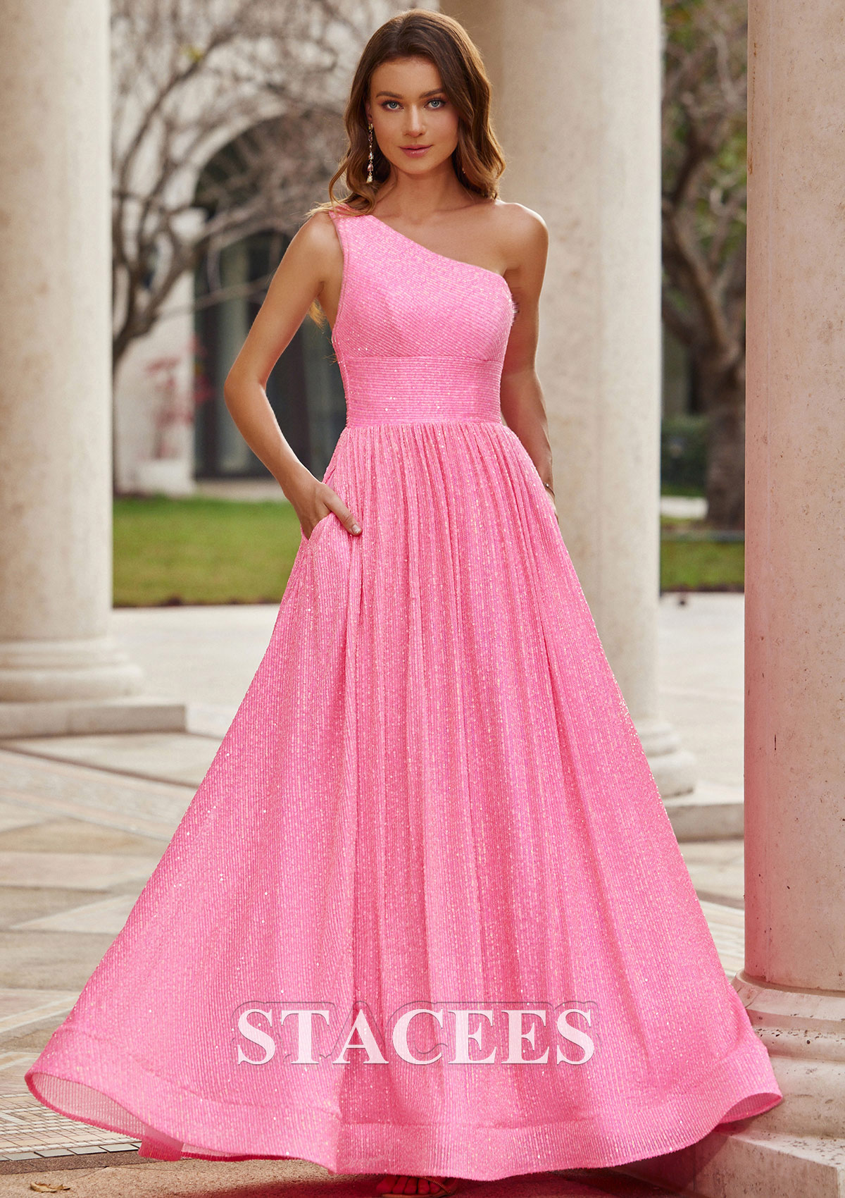 Hot Pink A-line One-Shoulder Floor-Length Sequined Prom Dress with Pockets - STACEES